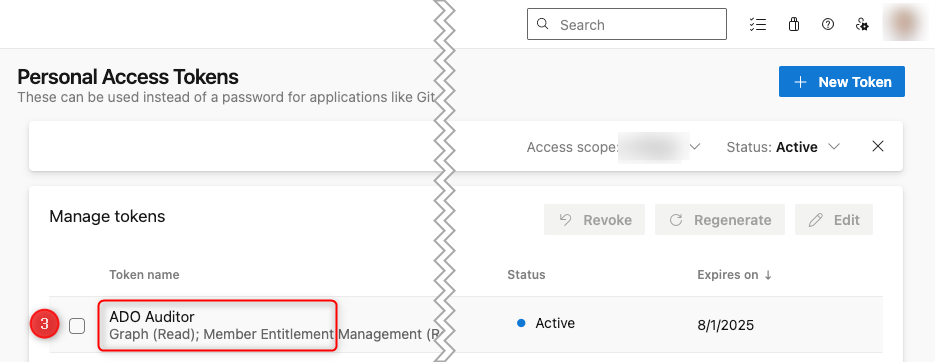 Shows how to select an existing PAT to revoke